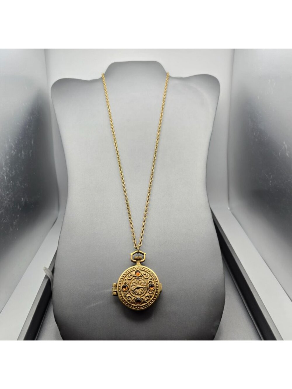 Vintage Mary Chess Perfume Locket Necklace 23" Gold Tone Amber Rhinestone 60s - Picture 2 of 12